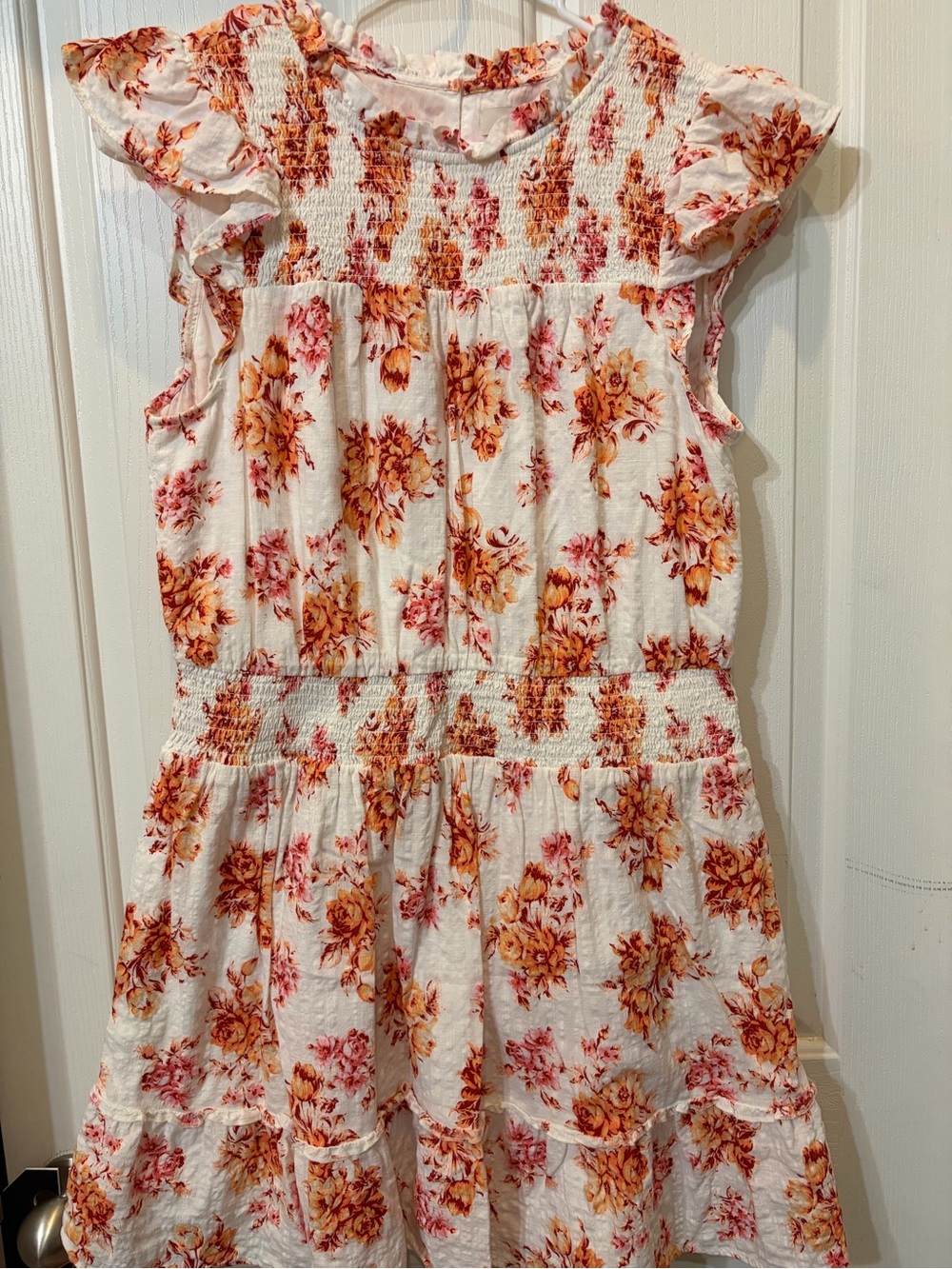 LOFT White Midi Dress with Pink and Orange Floral Print